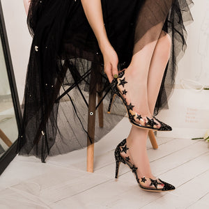 Transparent crystal high heel stiletto pointed star sequin bridesmaid wedding shoes ladies high heels