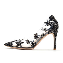 Load image into Gallery viewer, Transparent crystal high heel stiletto pointed star sequin bridesmaid wedding shoes ladies high heels