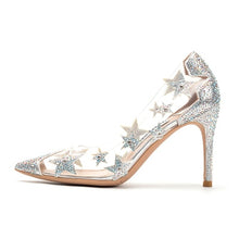 Load image into Gallery viewer, Transparent crystal high heel stiletto pointed star sequin bridesmaid wedding shoes ladies high heels