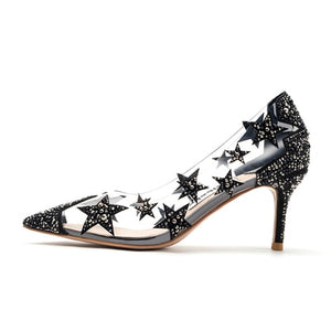 Transparent crystal high heel stiletto pointed star sequin bridesmaid wedding shoes ladies high heels