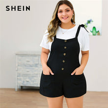 Load image into Gallery viewer, SHEIN Plus Size Black Tie Shoulder Button Front Pocket Detail Romper Women Summer Sleeveless Straps Solid Casual Playsuits