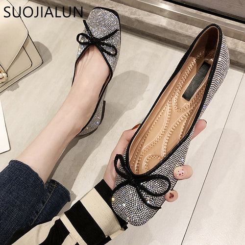 SUOJIALUN 2019 New Women Flats Ballet Shoes Bow Autumn Luxury Female Loafer Bling Rhinestone Crystal Casual Flat For Woman