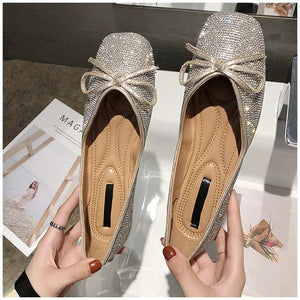 SUOJIALUN 2019 New Women Flats Ballet Shoes Bow Autumn Luxury Female Loafer Bling Rhinestone Crystal Casual Flat For Woman