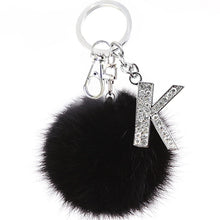 Load image into Gallery viewer, TEH Fluffy Black Pompom Faux Rabbit Fur Ball Keychains Crystal Letters Key Rings Key Holder Trendy Jewelry Bag Accessories Gift