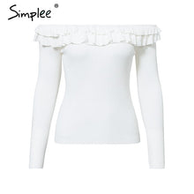 Load image into Gallery viewer, Simplee Autumn winter women knitted sweater Ruffled off shoulder female pullover sweater Long sleeve ladies jumper sweater 2019