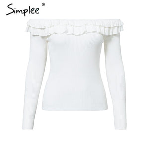 Simplee Autumn winter women knitted sweater Ruffled off shoulder female pullover sweater Long sleeve ladies jumper sweater 2019