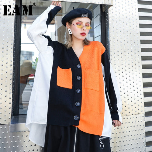 [EAM] Big Size Split Knitting Cardigan Sweater Loose Fit V-Neck Long Sleeve Women New Fashion Tide Autumn Winter 2019 1H760