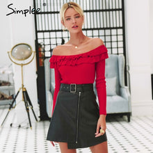 Load image into Gallery viewer, Simplee Autumn winter women knitted sweater Ruffled off shoulder female pullover sweater Long sleeve ladies jumper sweater 2019