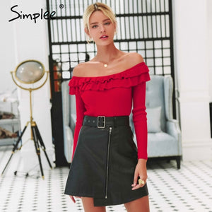 Simplee Autumn winter women knitted sweater Ruffled off shoulder female pullover sweater Long sleeve ladies jumper sweater 2019