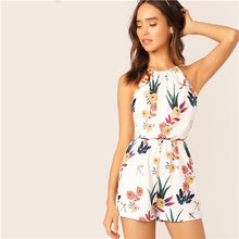 Load image into Gallery viewer, SHEIN Elastic Waist Floral Print Halter Romper 2019 Casual White Short Summer Sleeveless Tank Mid Waist Straight Leg Playsuit