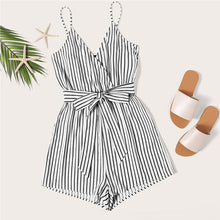 Load image into Gallery viewer, SHEIN Striped Wrap Cami Rompers Womens Jumpsuit With Belt Women Vacation Beach Sleeveless Sexy Jumpsuit 2019 Summer Playsuit