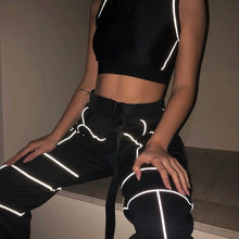 Load image into Gallery viewer, Women 2 Piece Tracksuit Reflective Cropped Top Loose Pants Sets Fashion Female Shine Black Tank Top And Trouser Chandal Mujer