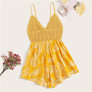 SHEIN Yellow Crochet Bodice Knot Back Plants Print Cami Romper Women Summer V-neck Rompers Womens Jumpsuit Boho Cute Playsuit