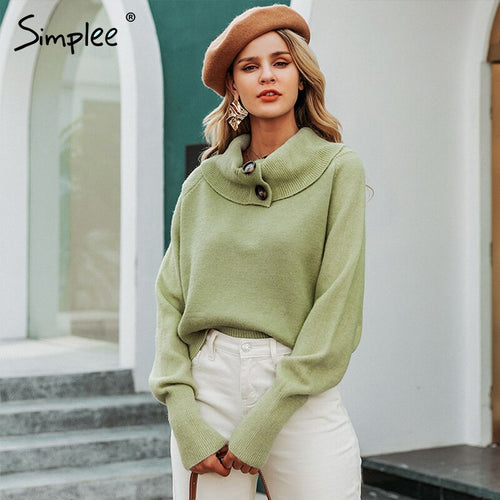 Simplee Button turtleneck women pullover sweater Autumn winter female knitted sweater Casual long sleeve ladies jumper sweater