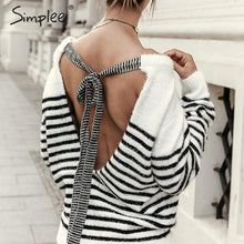 Load image into Gallery viewer, Simplee Sexy backless mohair pullover sweater women Autumn winter soft lace up female sweater casual Strip o-neck ladies jumper