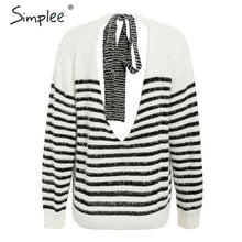 Load image into Gallery viewer, Simplee Sexy backless mohair pullover sweater women Autumn winter soft lace up female sweater casual Strip o-neck ladies jumper