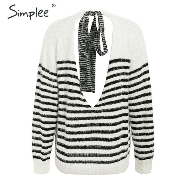 Simplee Sexy backless mohair pullover sweater women Autumn winter soft lace up female sweater casual Strip o-neck ladies jumper