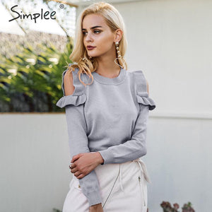 Simplee Elegant cold shoulder knitted sweater women jumper Casual long sleeve sweater female Autumn winter ladies pullover 2018