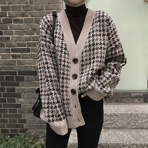 Vintage Houndstooth Knitted Cardigan Women 2019 Single Breasted Loose Winter Sweater Coat Casual Batwing Long Sleeve Cardigan