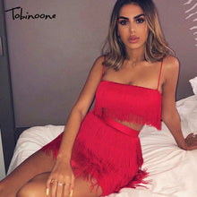 Load image into Gallery viewer, Tobinoone Women sexy club tassel short crop top women tops skirt summer 2 piece set for female women two pieces set skirts white