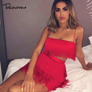 Tobinoone Women sexy club tassel short crop top women tops skirt summer 2 piece set for female women two pieces set skirts white