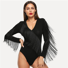 Load image into Gallery viewer, SHEIN Black Elegant Weekend Casual Fringe Embellished Form Fitting Solid Skinny Bodysuit 2018 Summer Fashion Women Bodysuits