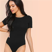 Load image into Gallery viewer, SHEIN Black Minimalist Solid Form Fitting Bodysuit Casual O-Neck Short Sleeve Skinny Bodysuit Women Summer Tshirt Bodysuits