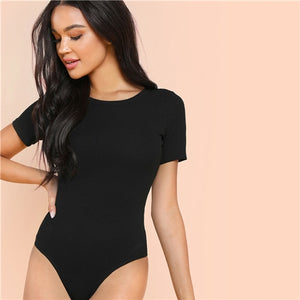 SHEIN Black Minimalist Solid Form Fitting Bodysuit Casual O-Neck Short Sleeve Skinny Bodysuit Women Summer Tshirt Bodysuits