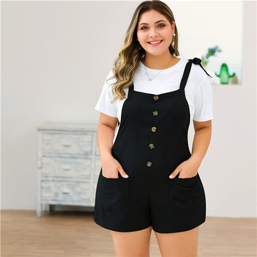 SHEIN Plus Size Black Tie Shoulder Button Front Pocket Detail Romper Women Summer Sleeveless Straps Solid Casual Playsuits