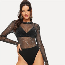 Load image into Gallery viewer, SHEIN Sexy Black Mesh Contrast Sheer Star Sequined Bodysuit Women Mid Waist Ruffle Sleeve Skinny Without Bra Summer Bodysuits