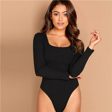 Load image into Gallery viewer, SHEIN Modern Lady Black Square Neck Form Fitting Skinny Mid Waist  Long Sleeve Bodysuit Women Autumn Plain Elegant Bodysuits