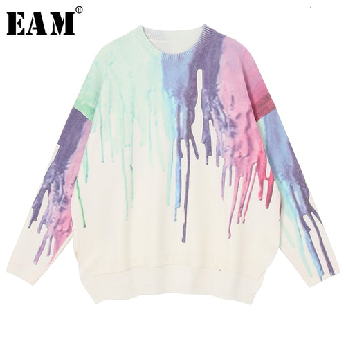 [EAM] Pattern Big Size Knitting Sweater Loose Fit Round Neck Long Sleeve Women Pullovers New Fashion Autumn Winter 2019 1K771