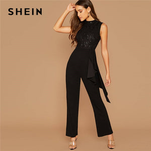 SHEIN Black Sequin Detail Lace Bodice Ruffle Trim Jumpsuit Women Autumn Sleeveless O-Neck High Waist Wide Leg Elegant Jumpsuits