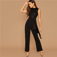 Load image into Gallery viewer, SHEIN Black Sequin Detail Lace Bodice Ruffle Trim Jumpsuit Women Autumn Sleeveless O-Neck High Waist Wide Leg Elegant Jumpsuits