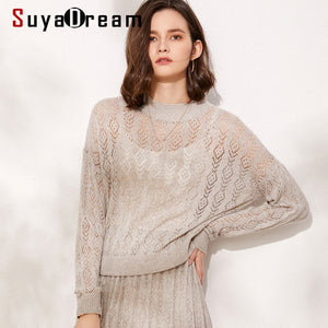 SuyaDream O neck Hollow Out Pullovers 100%Wool Women Fashion Solid Sweaters 2019 Autumn Winter Knitwear