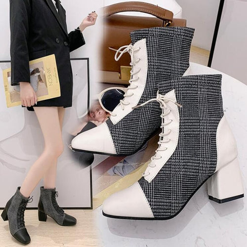 Winter Boots Women Shoes Woman Boots Fashion Square Root Lattice Ankle Boots 2019 Winter New Suede Lace Square Ankle Boots X316