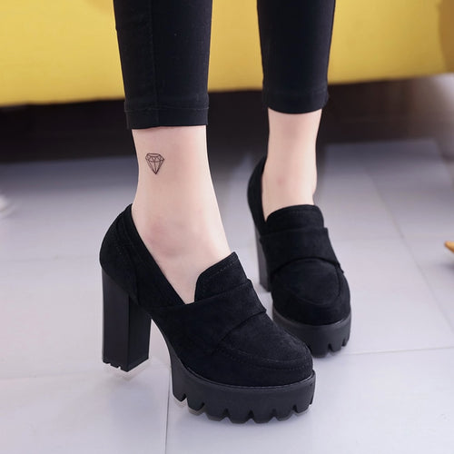 Women Pumps 10cm Suede high heels thick 2019 round head waterproof platform black single shoes female thick bottom was thin