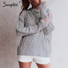 Load image into Gallery viewer, Simplee Casual warm autumn winter sweater women jumper Cold shoulder knitting pullover Hollow out high neck sweater female