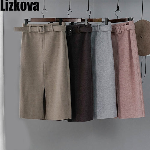 Women Winter Skirt Pink Wool High Waist Midi Skirt With Belt Warm Elegant Pencil Split Skirts