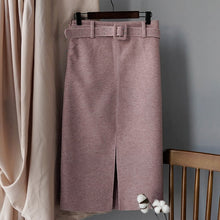 Load image into Gallery viewer, Women Winter Skirt Pink Wool High Waist Midi Skirt With Belt Warm Elegant Pencil Split Skirts