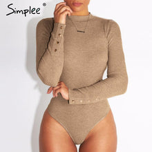 Load image into Gallery viewer, Simplee Elegant knitted bodysuit women Casual long sleeve button female jumpsuit romper Autumn winter slim ladies overalls 2019