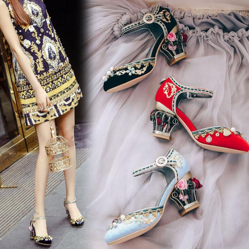 Women Wedding Shoes Chunky Cage Medium Heels Crystal Pumps Peal Decor Flock Embroider Mary Jane Bride Shoes Round Toe Luxury