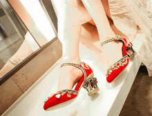 Load image into Gallery viewer, Women Wedding Shoes Chunky Cage Medium Heels Crystal Pumps Peal Decor Flock Embroider Mary Jane Bride Shoes Round Toe Luxury