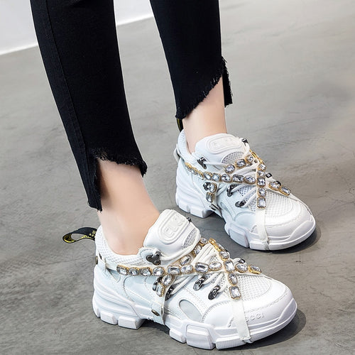 Spring Mesh Women diamond Casual Women rhinestone Shoes Flats Platform Lace-Up Fashion crystal Women Sneakers zapatos de mujer