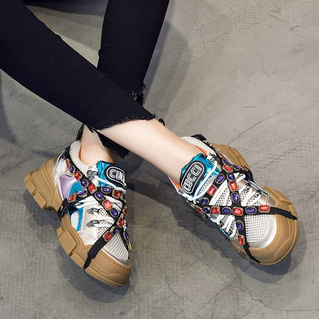 Spring Mesh Women diamond Casual Women rhinestone Shoes Flats Platform Lace-Up Fashion crystal Women Sneakers zapatos de mujer