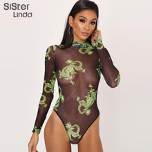 Load image into Gallery viewer, Sisterlinda Sexy Dragon Print Mesh Bodysuits Women Rompers Full Sleeve See Through Elasticity Fitness Jumpsuit 2019 Autumn Mujer