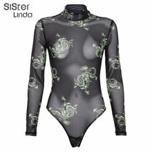 Load image into Gallery viewer, Sisterlinda Sexy Dragon Print Mesh Bodysuits Women Rompers Full Sleeve See Through Elasticity Fitness Jumpsuit 2019 Autumn Mujer