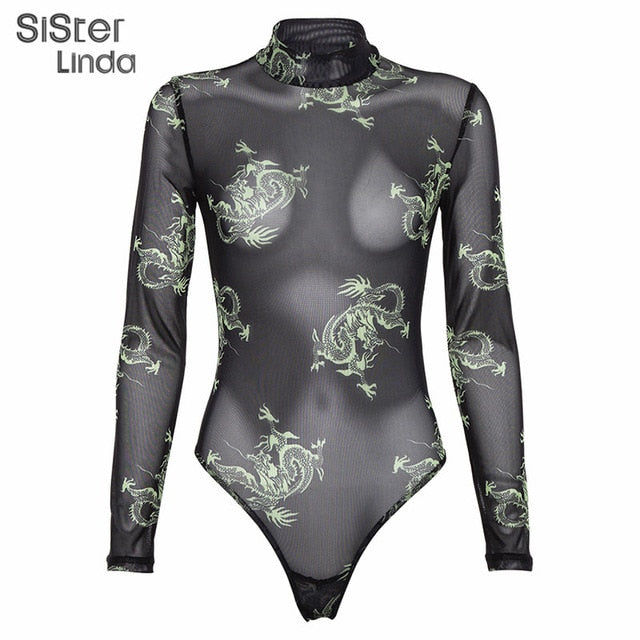 Sisterlinda Sexy Dragon Print Mesh Bodysuits Women Rompers Full Sleeve See Through Elasticity Fitness Jumpsuit 2019 Autumn Mujer