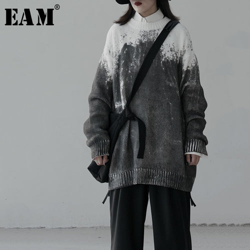 [EAM] Gray Big Size Knitting Sweater Loose Fit Round Neck Long Sleeve Women Pullovers New Fashion Tide Autumn Winter 2019 1K516