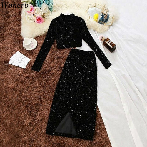 Woherb Gold Velvet 2 Piece Set Women Turtleneck Long Sleeve Crop Top Shirt + Split Elastic Waist Skirt Sequins Fashion Outfits